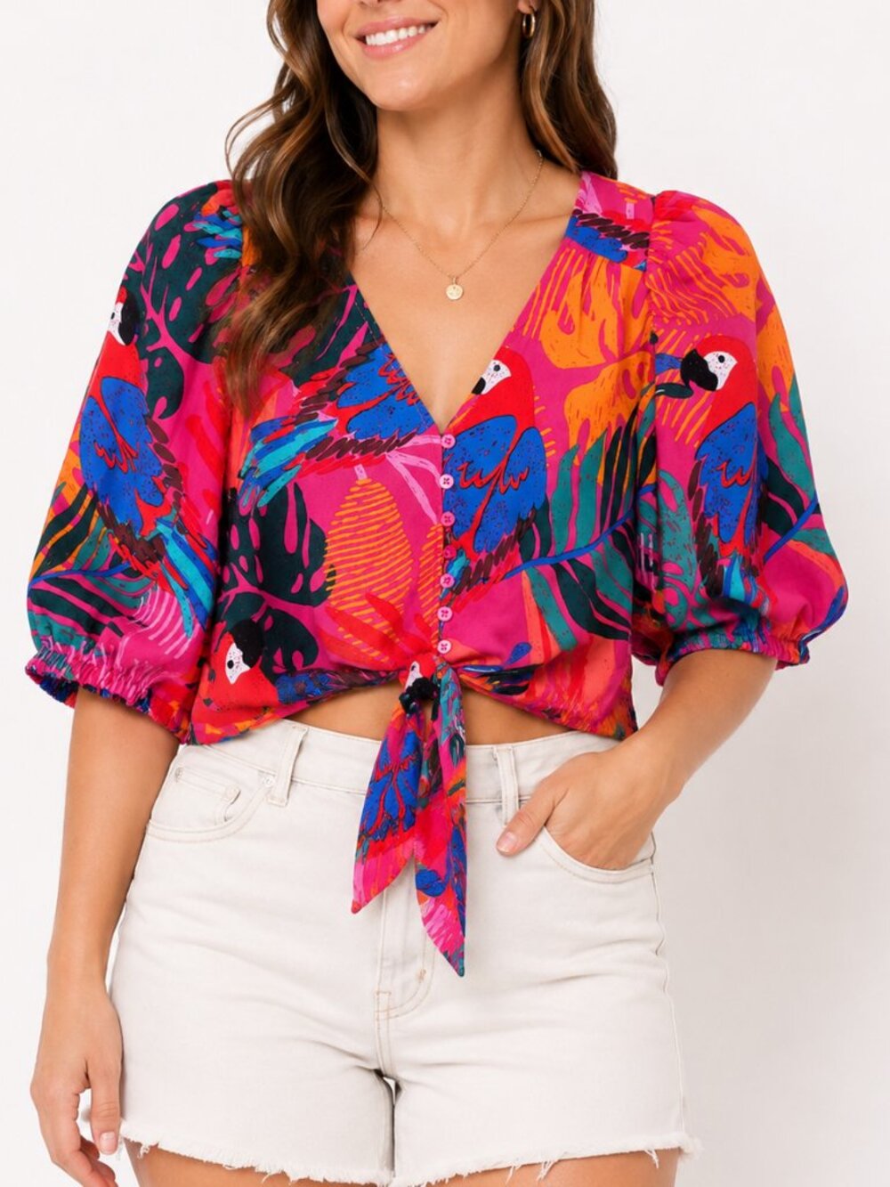 Joie Tropical Parrot Tie Front Crop Top Medium Puff Sleeve Blouse Indie